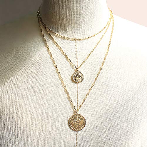 POMINA Boho Multi-Layered Medallion Gold Coin Necklace Cross Charm Pendant Necklace for Women