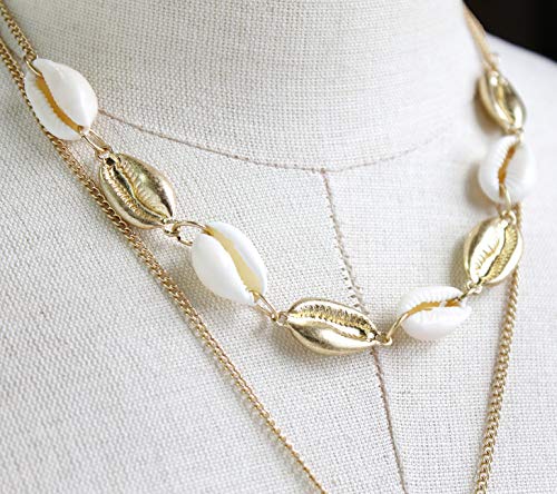 Pomina Gold and White Cowrie Seashell Necklace, Cowry Kauri Shell Choker, Boho Layered Shell Pendant Necklace