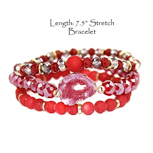 POMINA Semi Precious Stone Beaded Stretch Bracelet Stackable Mutilayer Crystal Beads Druzy Stone Bracelet Sets for Women, Set of 3
