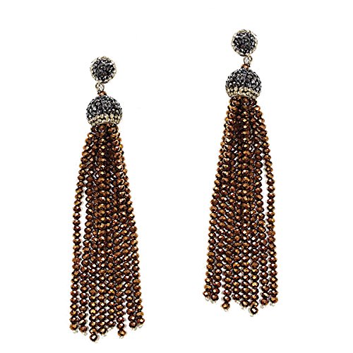 Pomina Crystal Glass Beaded Long Tassel Post Drop Earrings