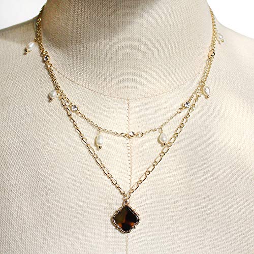 POMINA Multi Layer Quadrefoil and Pearl Short Necklace for Women