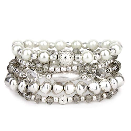 POMINA Multi Strand Beaded Nugget Matte Pearl Crystal Stretch Bracelet for Woman, Set of 5