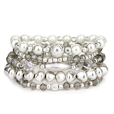 POMINA Multi Strand Beaded Nugget Matte Pearl Crystal Stretch Bracelet for Woman, Set of 5