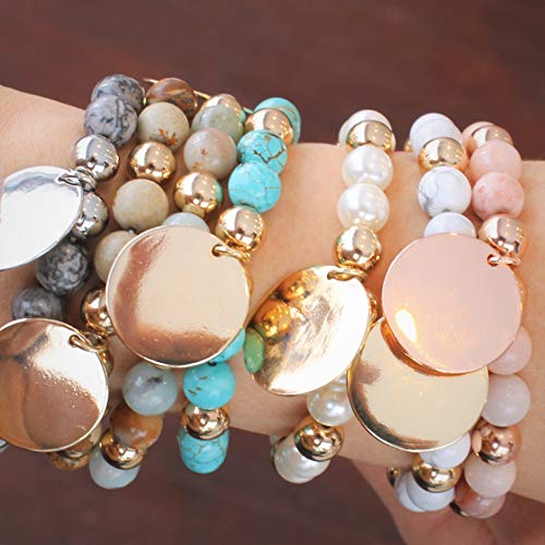 POMINA 8mm Semi Precious Natural Stone Beaded with Disc Coin Charm Stretch Bracelets
