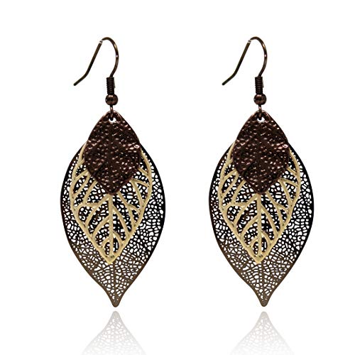 Pomina Choco Gold Fashion Fall Leaf Boho Earrings Gold Silver Two Tone Filigree Leaf Dangle Drop Earrings for Women Girls