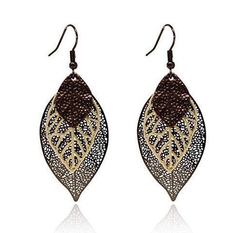 Pomina Choco Gold Fashion Fall Leaf Boho Earrings Gold Silver Two Tone Filigree Leaf Dangle Drop Earrings for Women Girls