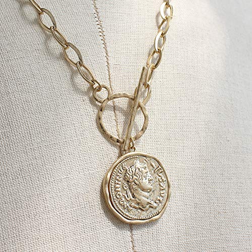 Pomina Fashion Gold Silver Chunky Thick Link Chain Necklace Medallion Chunky Coin Pendant Toggle Necklace for Women Men Teen Girls