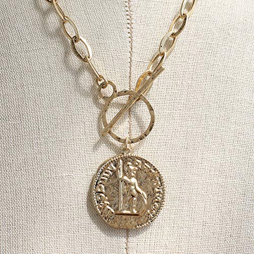 Pomina Fashion Gold Silver Chunky Thick Link Chain Necklace Medallion Chunky Coin Pendant Toggle Necklace for Women Men Teen Girls
