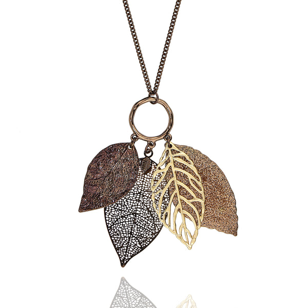 Pomina Gold Silver Two Tone Filigree Leaf Pendant Long Necklace Chic Pendant Chain Necklace for Women