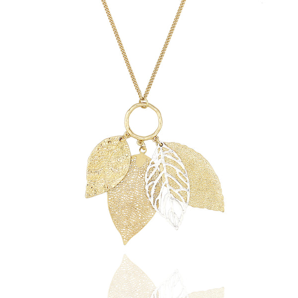 Pomina Gold Silver Two Tone Filigree Leaf Pendant Long Necklace Chic Pendant Chain Necklace for Women