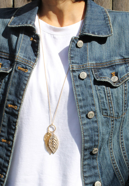 Pomina Gold Silver Two Tone Filigree Leaf Pendant Long Necklace Chic Pendant Chain Necklace for Women